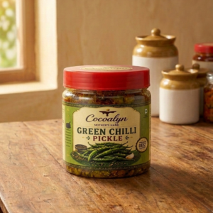 Cocoalyn Green Chilli Pickle homemade Indian pickle in glass jar