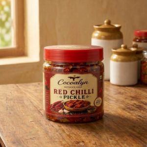 Cocoalyn Red Chilli Pickle homemade Indian pickle in glass jar